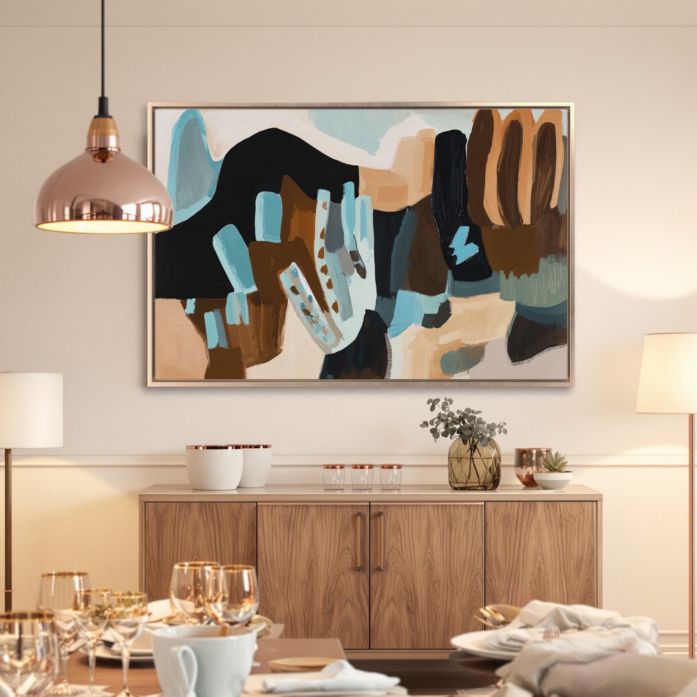 Framed Wall Art: Abstract canvas print in neutral tones with pops of blue and brown, perfect for modern home decor.