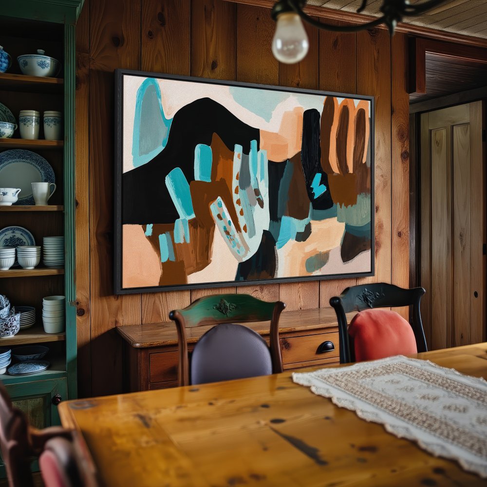 Abstract Canvas Print with teal, brown, and black hues. Modern art framed wall decor perfect for your home.