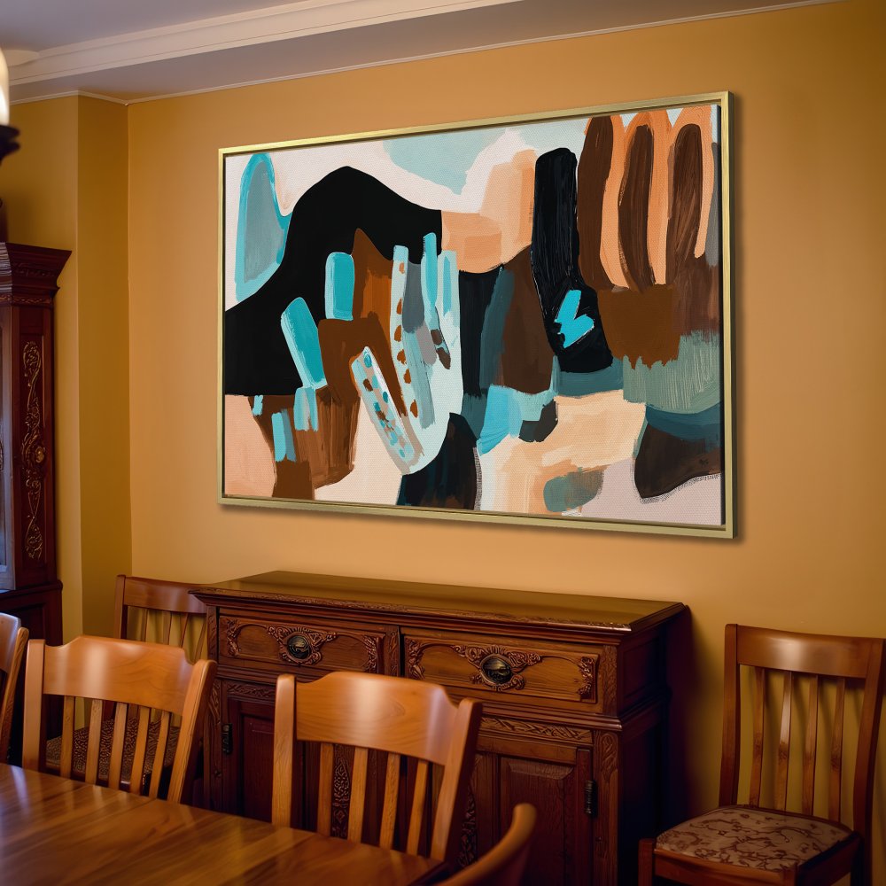 Abstract Canvas Print in neutral tones with pops of blue and brown, perfect for modern living room decor.