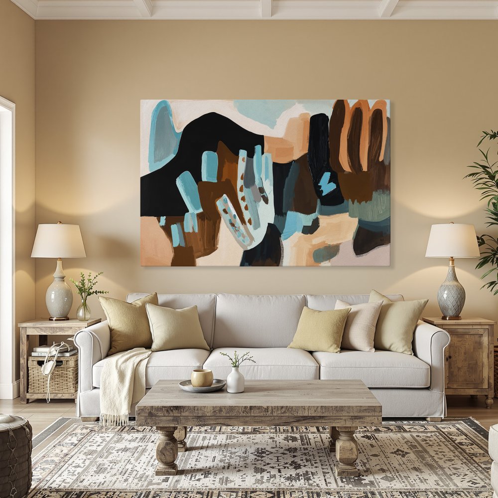 Framed Wall Art: Abstract Canvas Print in warm tones of brown, teal, and black. Modern art for stylish home decor.
