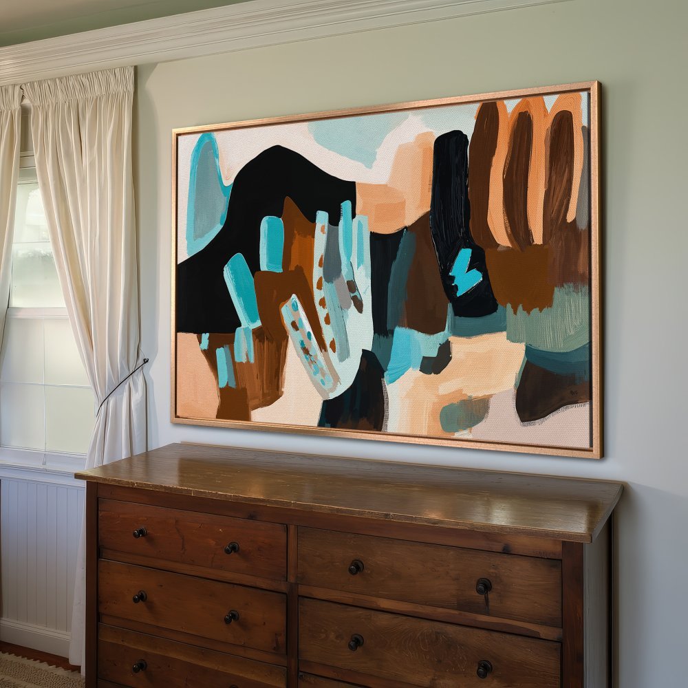 Abstract Canvas Print in a modern interior. Features a bold, colorful abstract design with teal, brown, and black hues. Perfect for home decor!