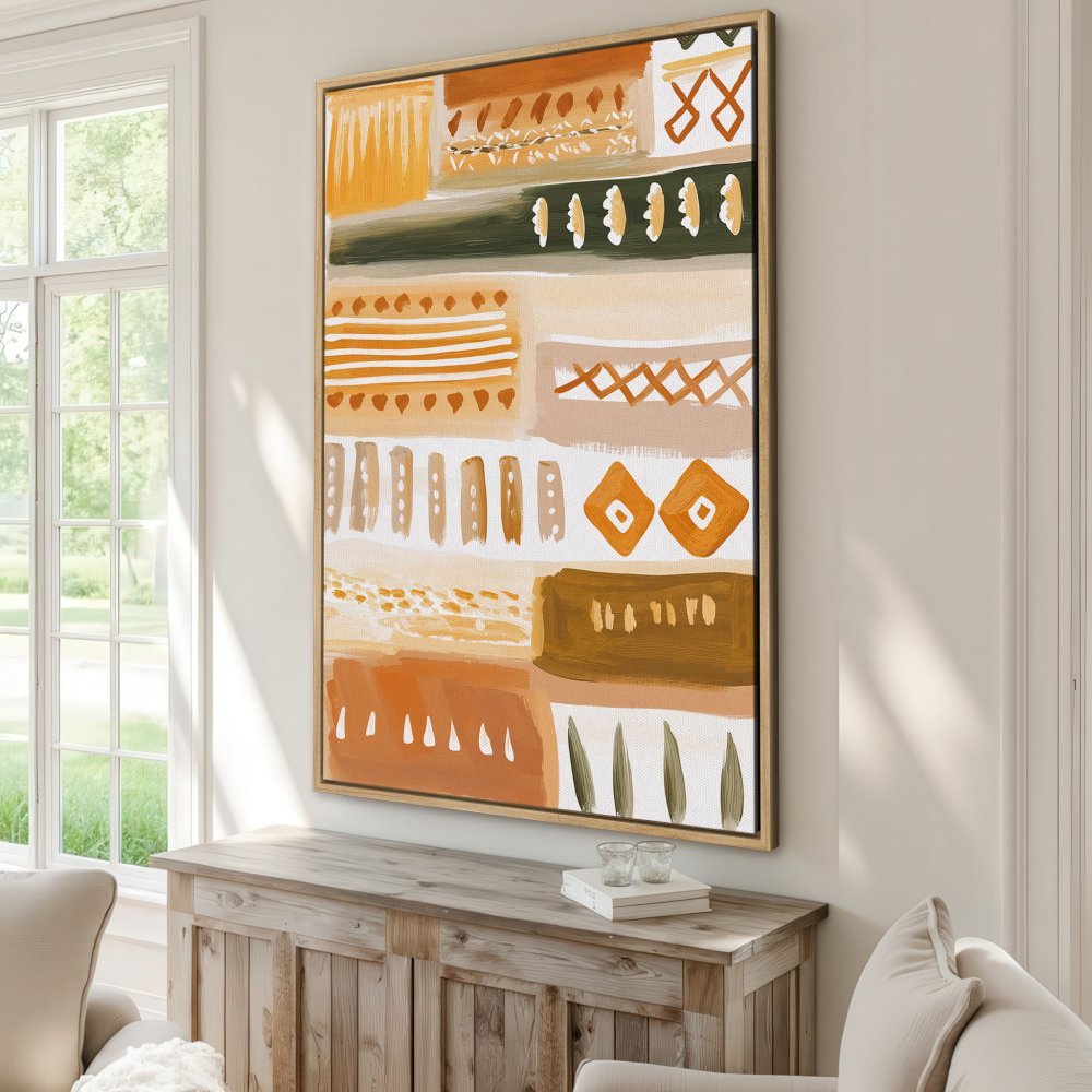 Abstract Canvas Print in warm earth tones. Modern art with geometric patterns, perfect for living room decor.