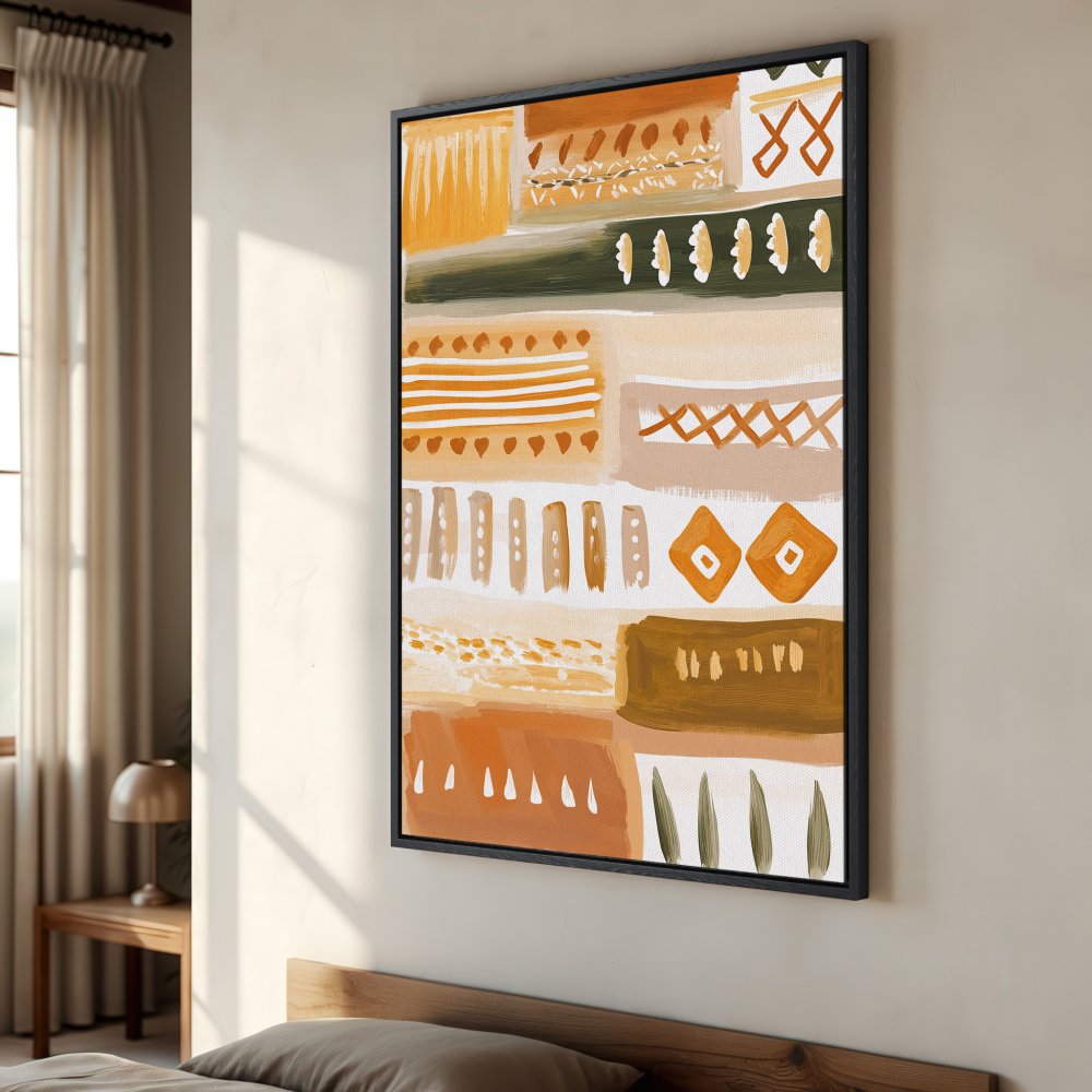 Framed Wall Art: Abstract geometric print in warm orange and brown tones. Modern canvas art for a stylish interior.