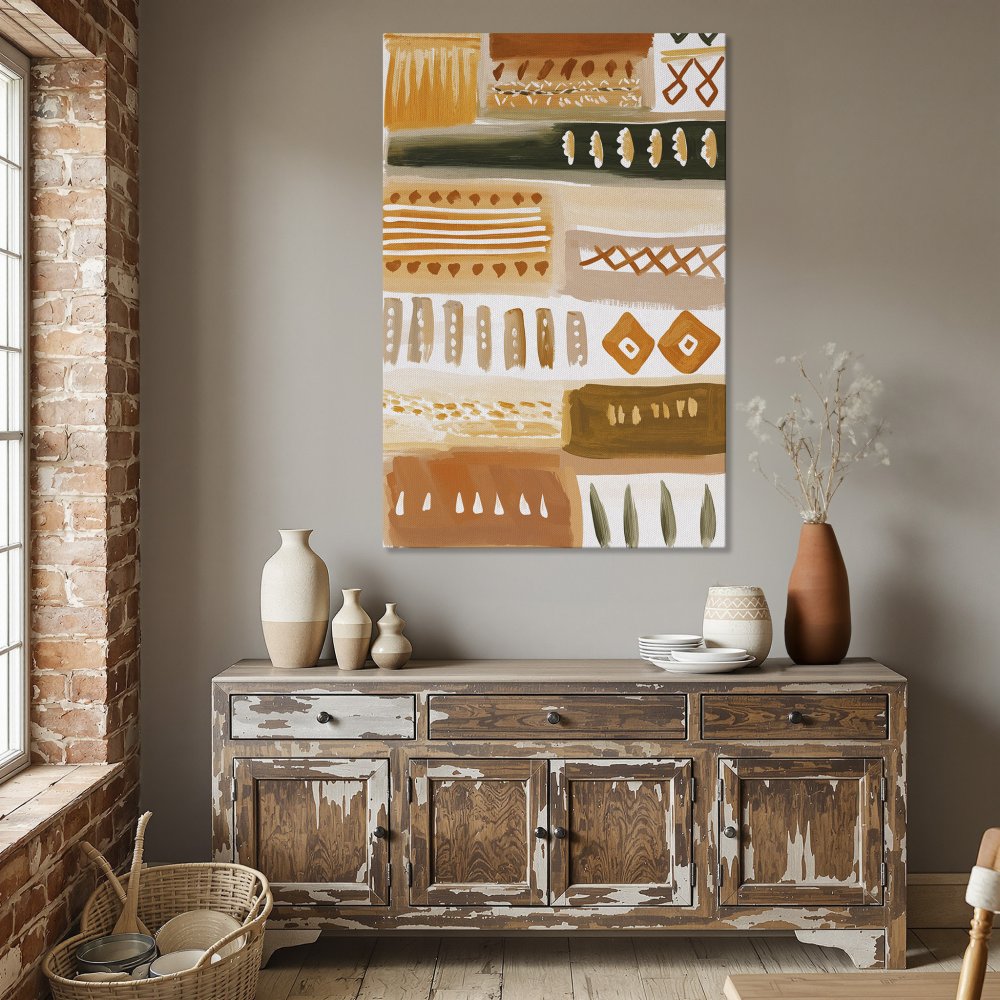 Framed Wall Art: Abstract geometric design in warm orange and beige tones. Perfect for adding modern style to your dining room.