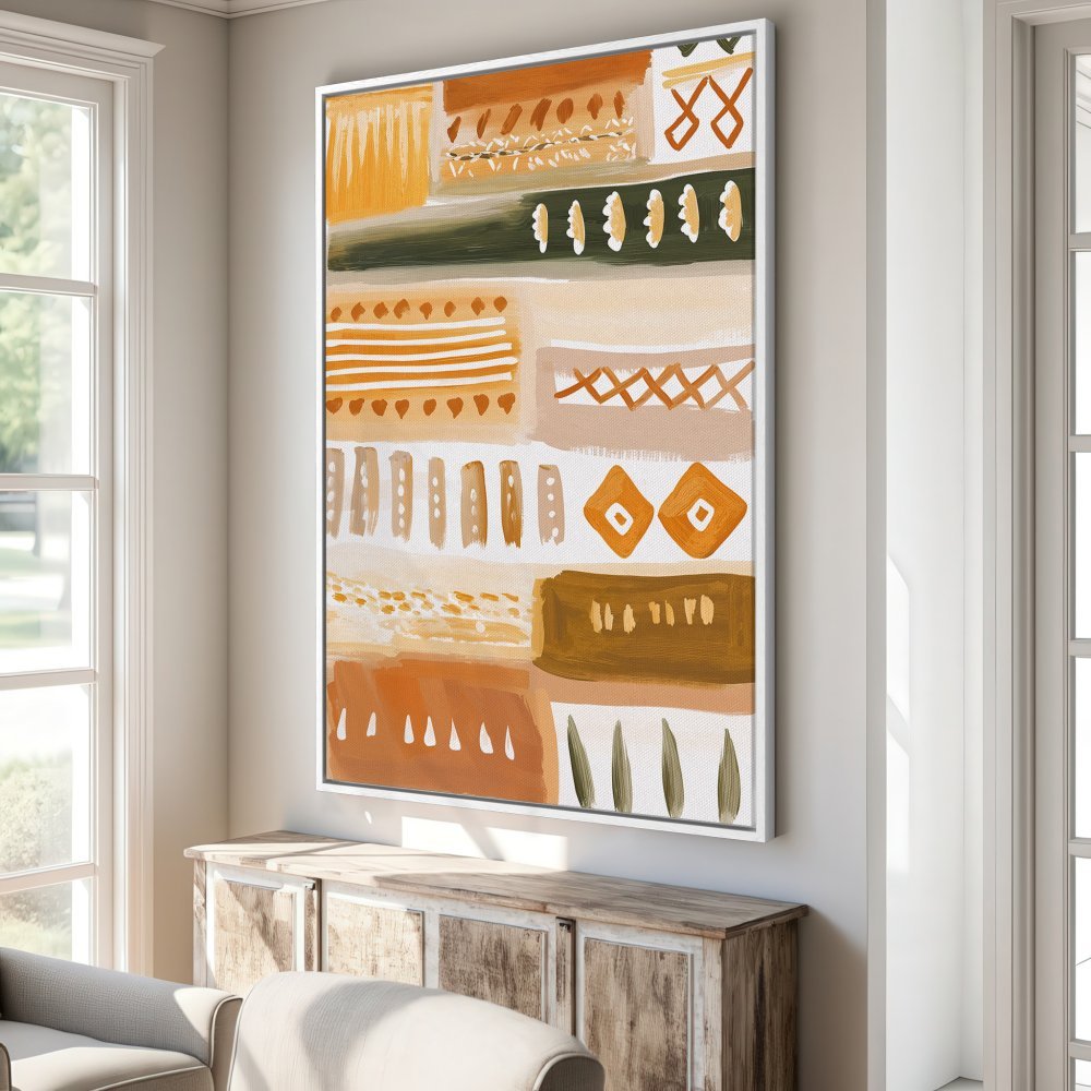 Framed Wall Art: Abstract geometric design in warm orange, brown, and beige tones. Modern canvas print perfect for adding a touch of bohemian style to your home decor.