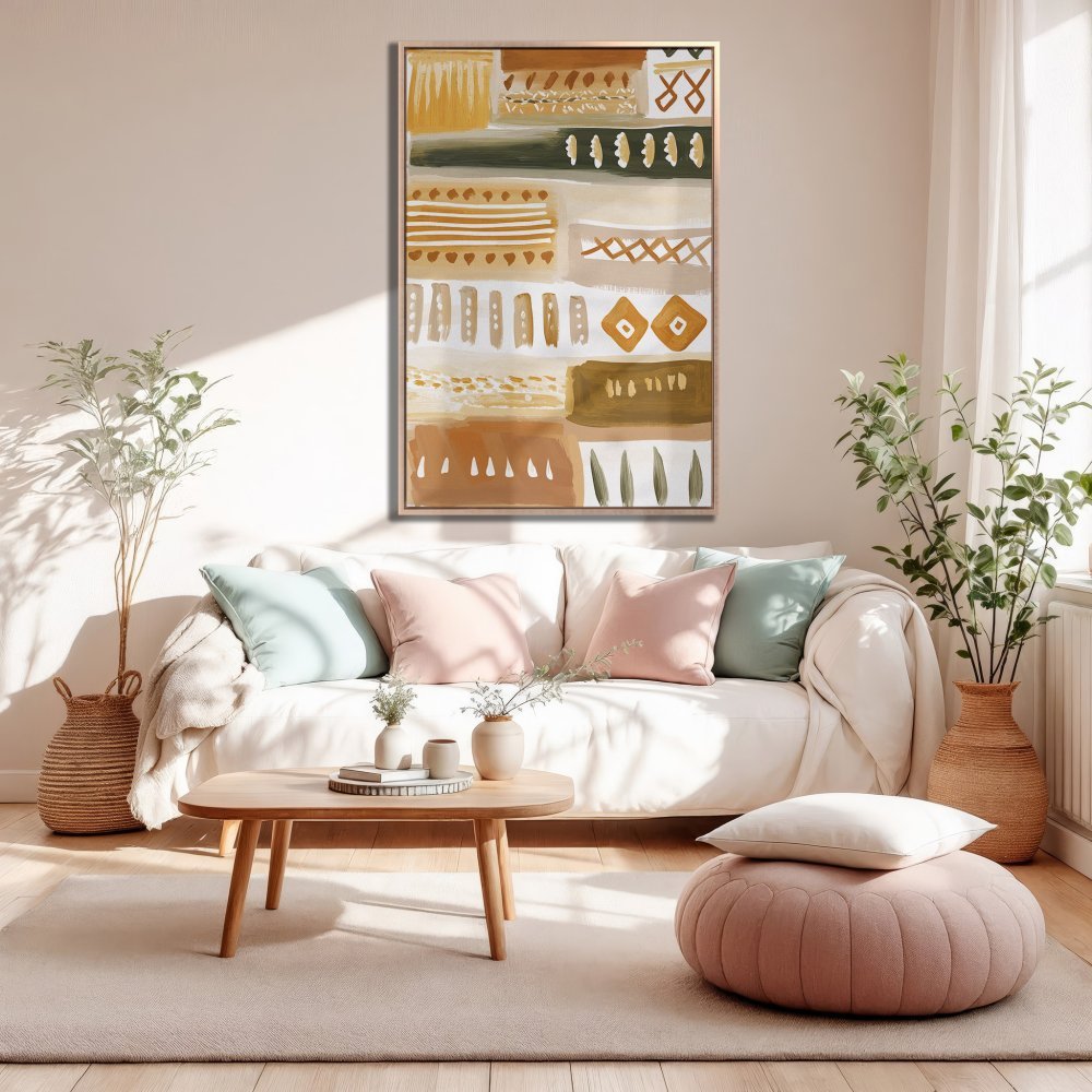 Framed Wall Art: Abstract art Canvas Print in earthy tones. Modern decor with warm beige, brown, and gold palette. Perfect for living room styling.