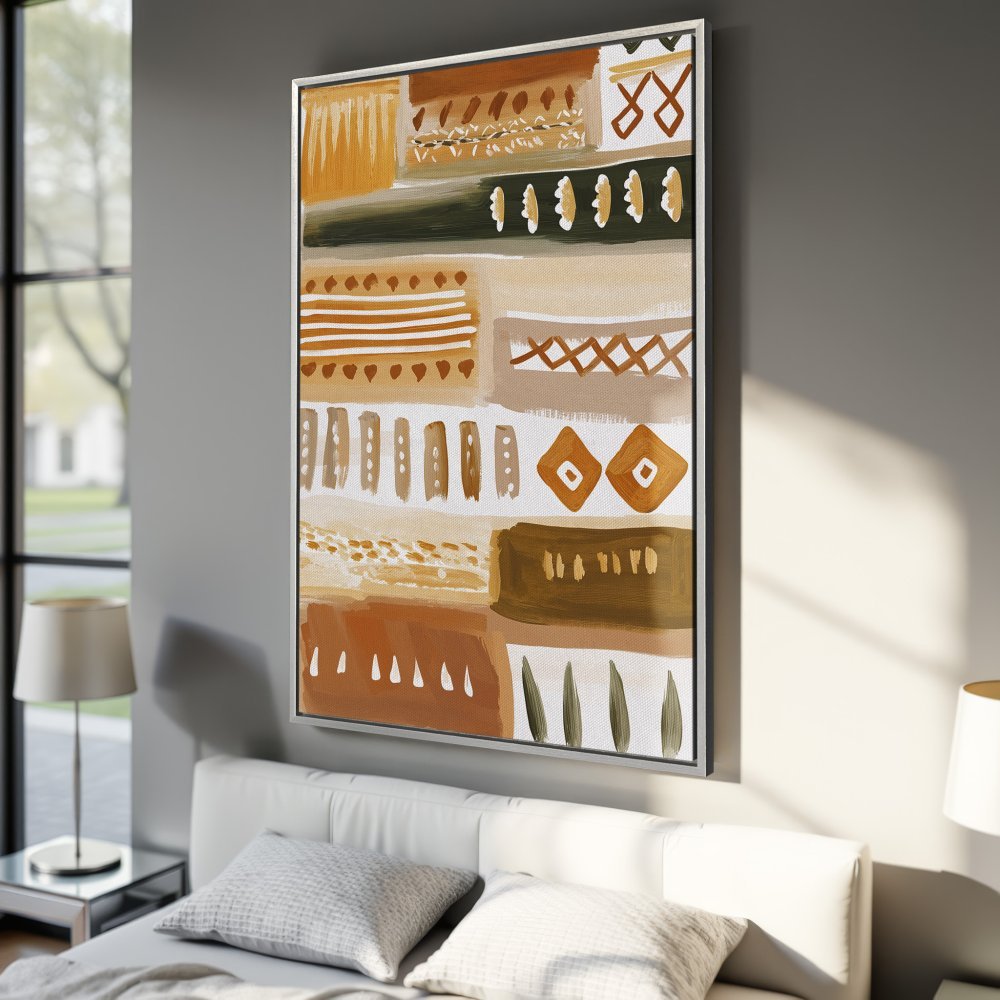 Framed Wall Art: Abstract geometric Canvas Print in warm earth tones. Perfect for adding a touch of modern art to your bedroom decor.