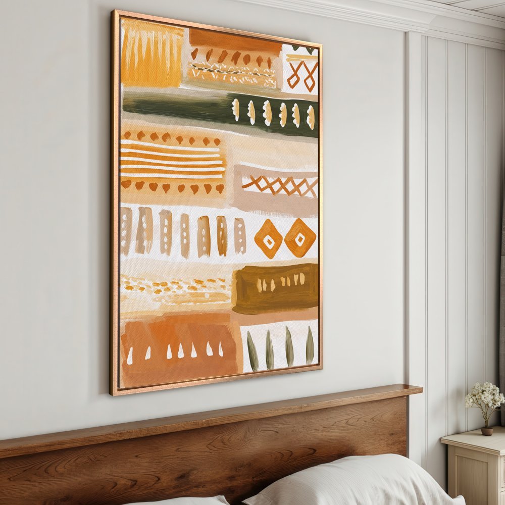 Framed Wall Art: Abstract geometric canvas print in warm earth tones. Perfect for adding a modern, bohemian touch to your bedroom decor.