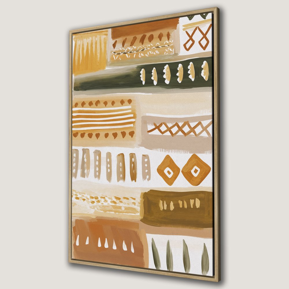 Framed Wall Art: Abstract geometric design in warm earth tones. Perfect for adding a touch of boho style to your home decor.