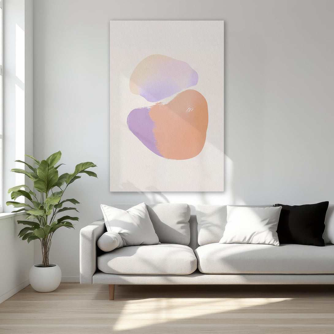 Framed Wall Art featuring abstract brushstrokes in soft purple and orange hues. Modern art canvas print perfect for bedroom decor.