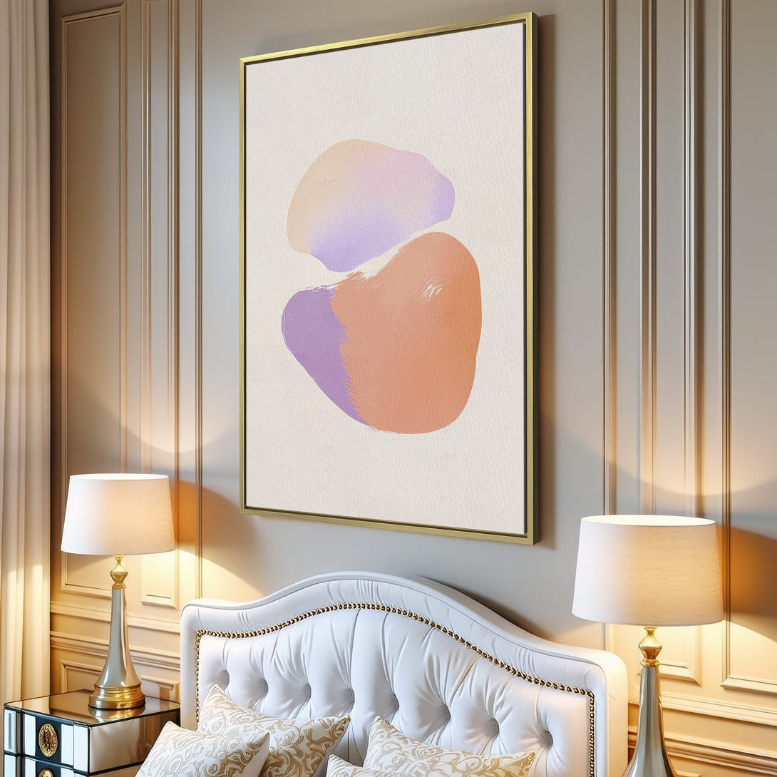 Canvas Print featuring abstract art in soft pastel colors, displayed in a modern living room. Perfect for adding a touch of elegance.