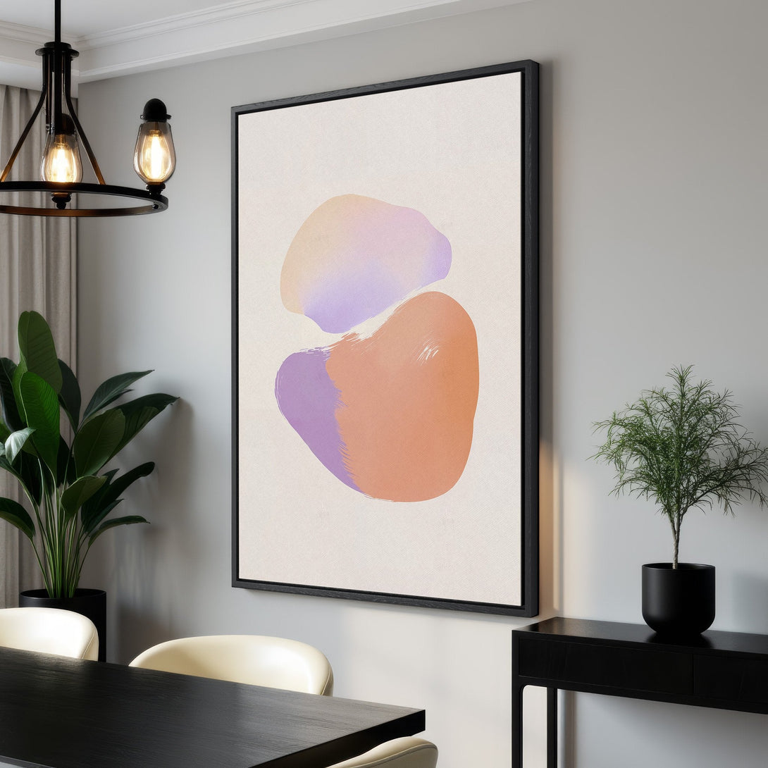 Framed Wall Art featuring an abstract design with soft purple and orange hues. Modern art canvas print perfect for adding a touch of style to any interior.