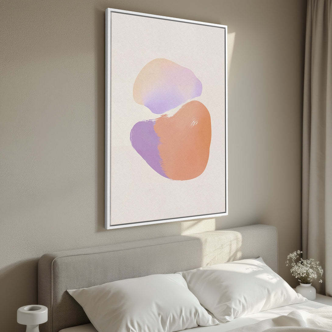 Framed Wall Art featuring abstract shapes in a calming palette of lavender and peach. Modern art for your bedroom decor.
