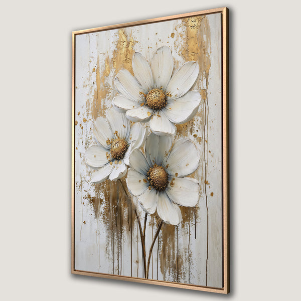 Framed Wall Art: Textured white flower painting with gold accents. Modern floral canvas print in neutral tones for elegant home decor.