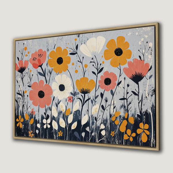 Framed Wall Art featuring a floral abstract design with a muted blue, orange, and pink color palette. Modern botanical art for your living space.