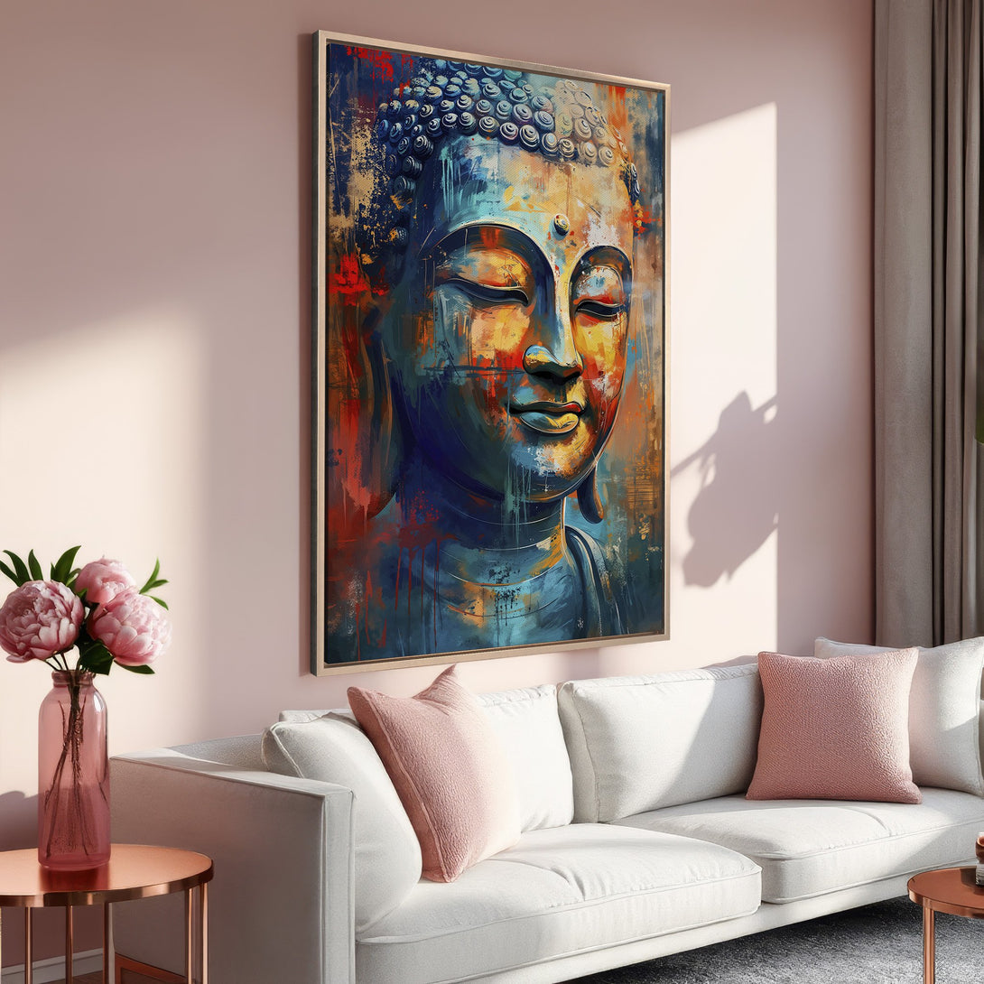 Framed Wall Art: Abstract Buddha painting with blue, orange, and red hues. Adds a touch of zen to any space. Shop now for unique wall decor!