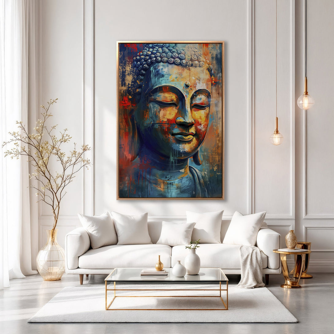 Framed Wall Art: Abstract Buddha portrait in blue, orange, and red hues. Modern canvas art for living room decor.