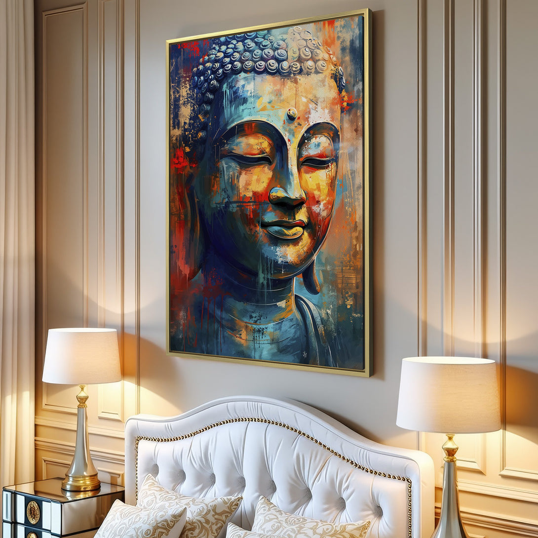 Canvas Print of a serene Buddha portrait, abstract style with blue, orange, and red hues. Perfect for adding zen to your living space.