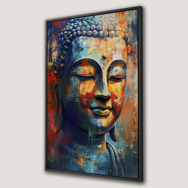 Framed Wall Art: Abstract Buddha portrait in blue, orange, and red color palette. Modern canvas print for meditation and zen decor.