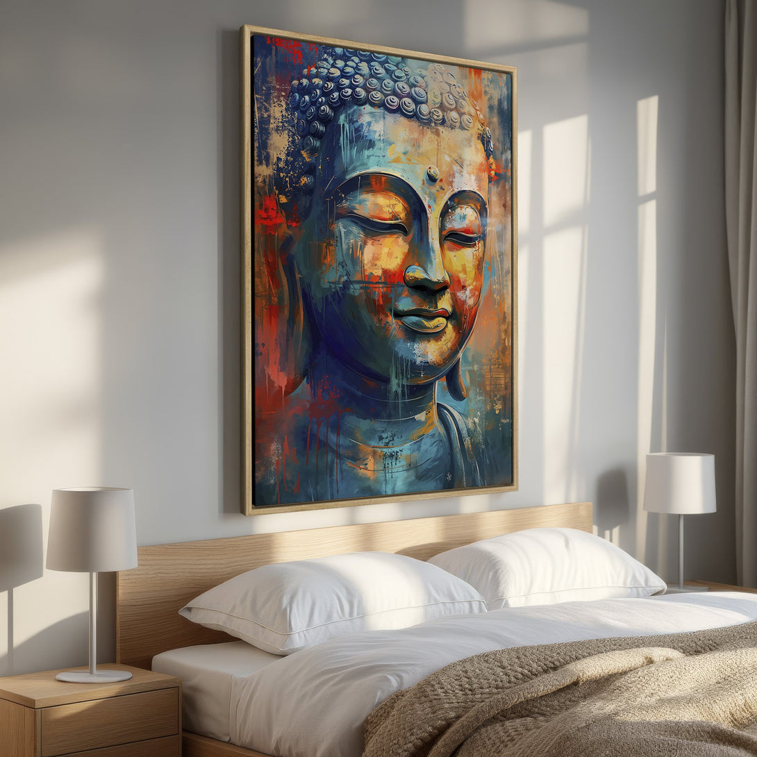 Framed Wall Art: Abstract Buddha portrait in vibrant blues, oranges, and reds. Modern art canvas print adds zen to bedroom decor.