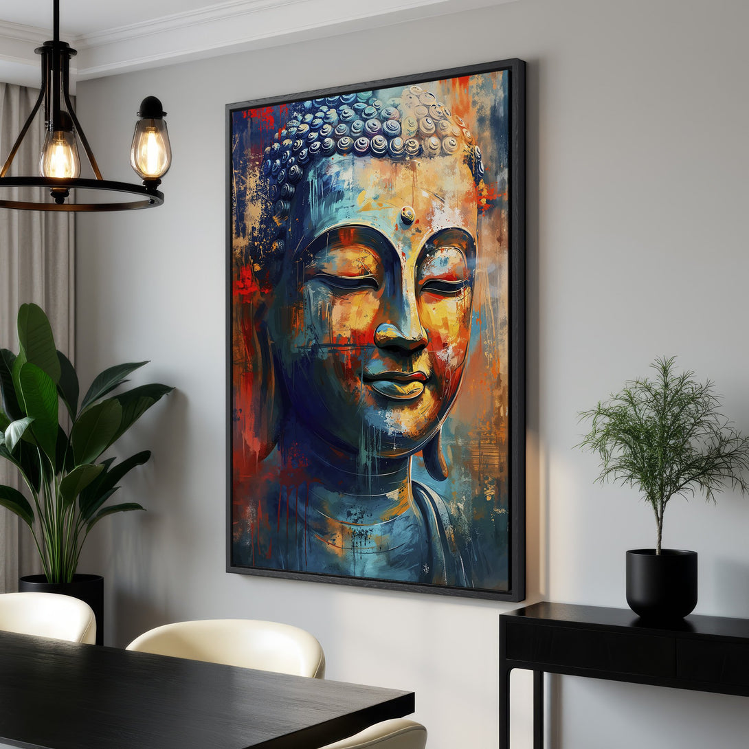 Framed Wall Art: Abstract Buddha Canvas Print in a modern interior. Features a colorful palette of blue, orange, and red. Perfect for adding zen to your space!