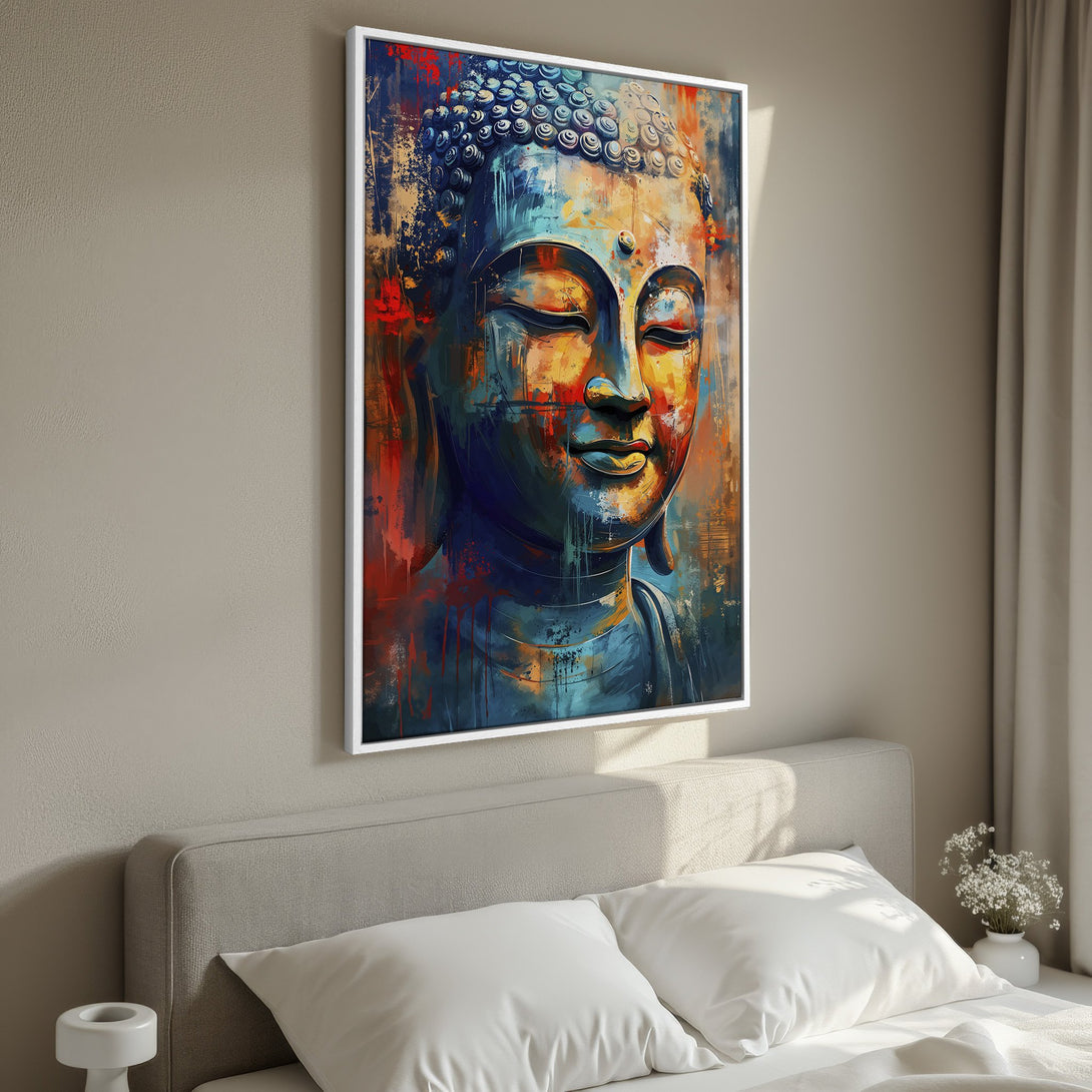 Framed Wall Art: Abstract Buddha Canvas Print in vibrant blue, orange, and red hues. Perfect for adding zen and modern style to your bedroom decor.