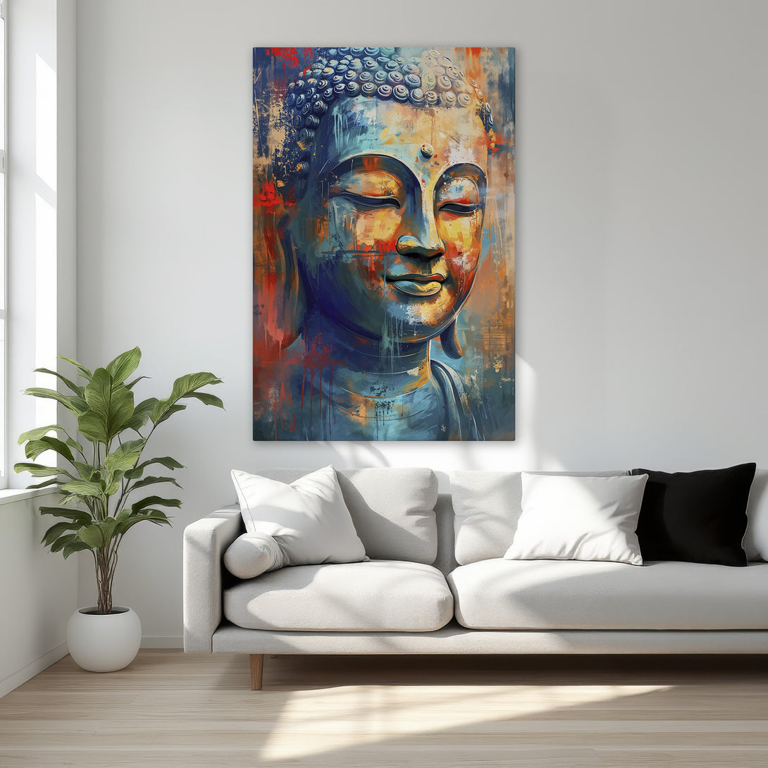 Framed Wall Art: Abstract Buddha Canvas Print with vibrant blue, orange, and red hues. Perfect for adding a touch of zen to your bedroom decor.