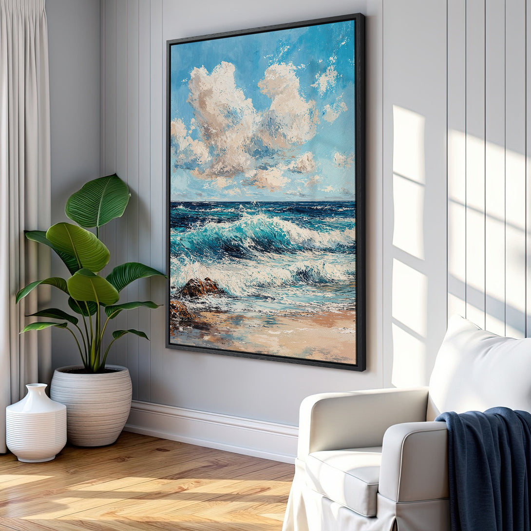 Framed Wall Art: Ocean waves painting in blue and white. Coastal style canvas print adds a serene touch to any room. Shop now for calming wall decor!