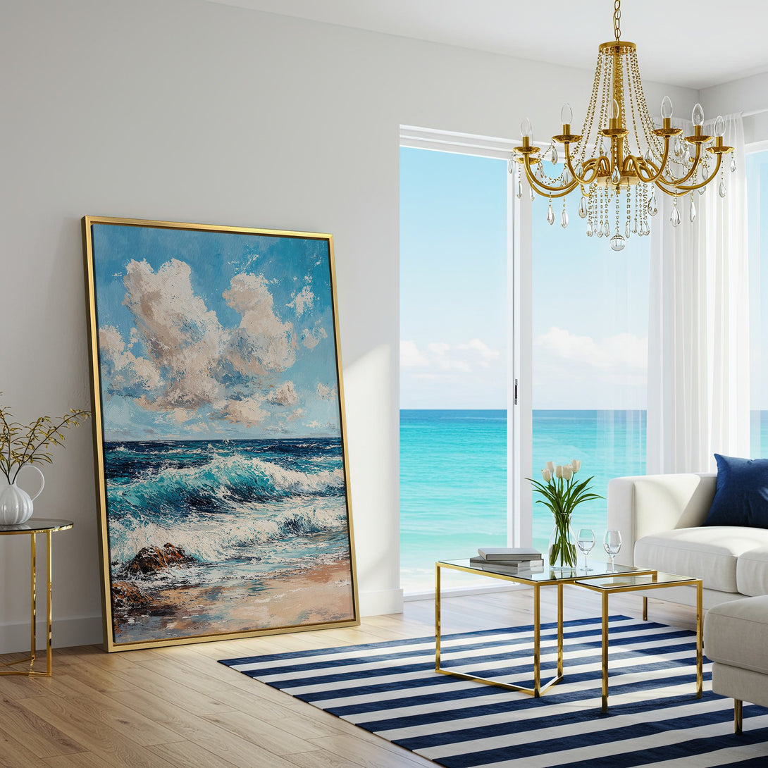Canvas Print of a vibrant ocean scene, featuring blue, white, and sandy tones. Coastal wall art perfect for a serene living room.
