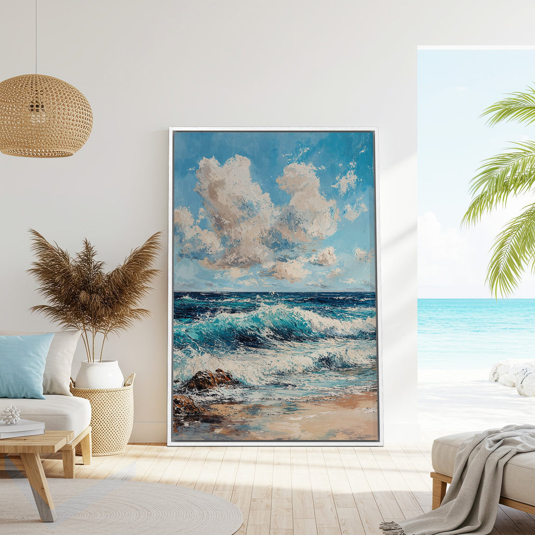 Framed Wall Art of ocean waves in a coastal style. Blue and white color palette. Perfect for adding a touch of serenity to your home decor.