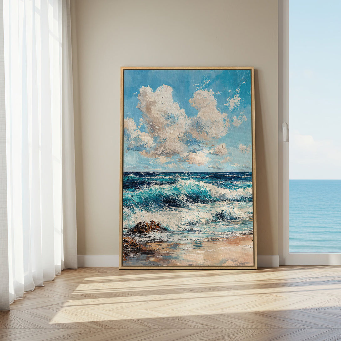 Framed Wall Art: Ocean waves painting in blue and white hues. Coastal art canvas print adds a serene touch to any interior.
