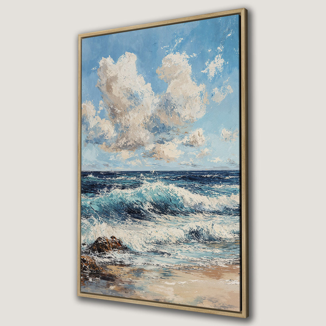 Framed Wall Art: Coastal landscape Canvas Print. Ocean waves in blue and white with a textured, impressionistic style. Perfect for beach house decor.