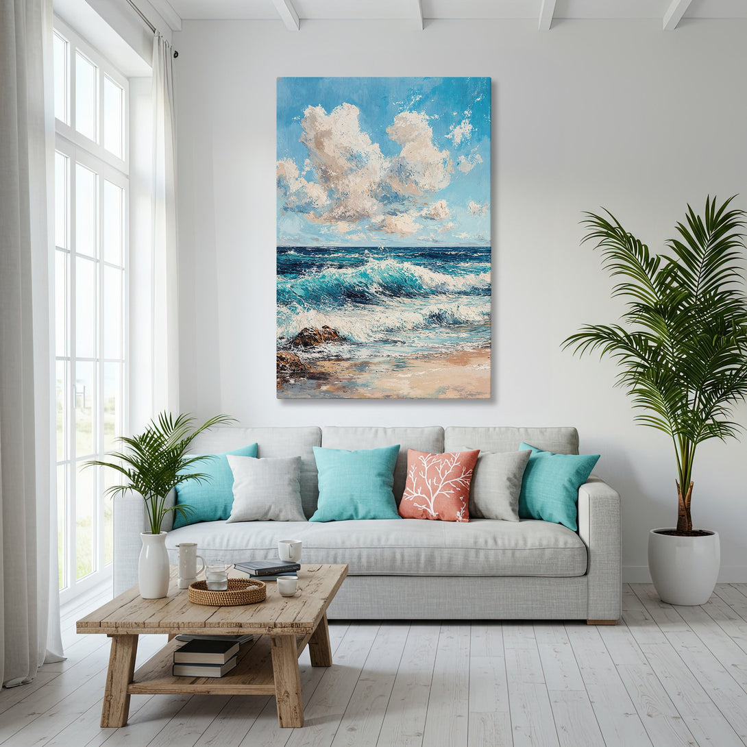 Framed Wall Art: Coastal seascape canvas print in blue and white, displayed in a bright, airy interior. Perfect for adding a touch of the ocean to your home.