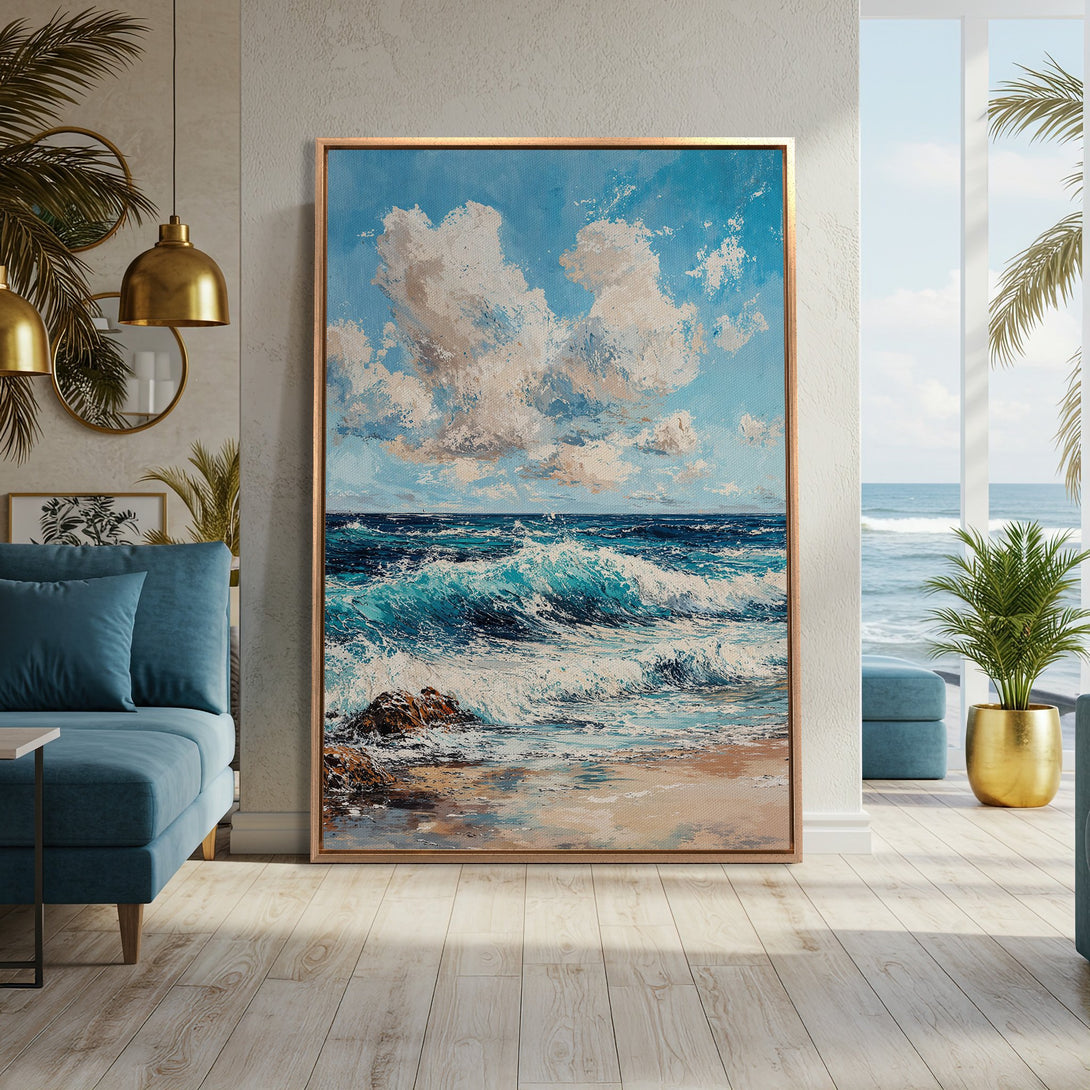 Framed Wall Art: Ocean waves canvas print in a coastal style, featuring blue and beige hues, perfect for adding serenity to any space.