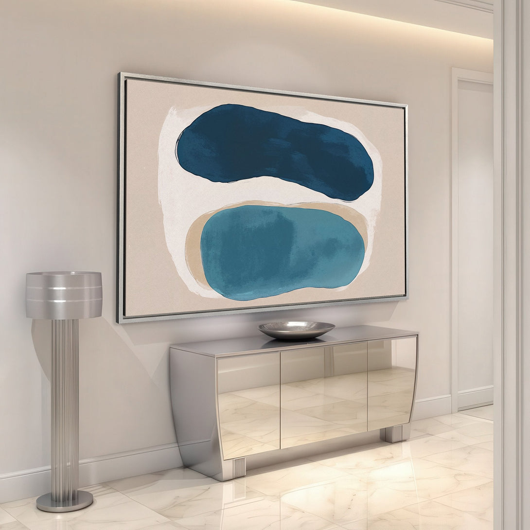Framed Wall Art: Abstract Canvas Print in blue and beige tones. Modern art for any space. Shop our collection of wall decor today!