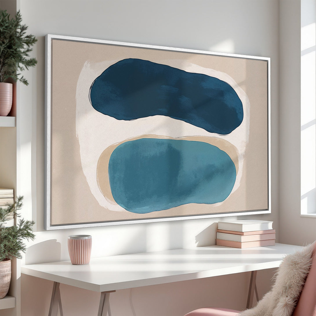 Framed Wall Art: Abstract blue and beige shapes canvas print, modern art for home decor. Neutral color palette, perfect for any interior style.