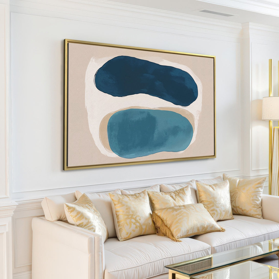 Abstract Canvas Print in a modern living room. Features blue and neutral tones, minimalist style. Perfect wall art for a stylish home.