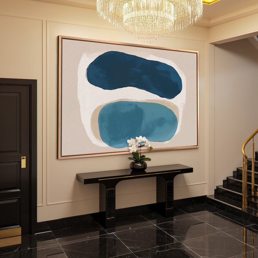 Framed Wall Art: Abstract blue and beige shapes. Modern art Canvas Print adds elegance to a luxury interior with a neutral color palette.