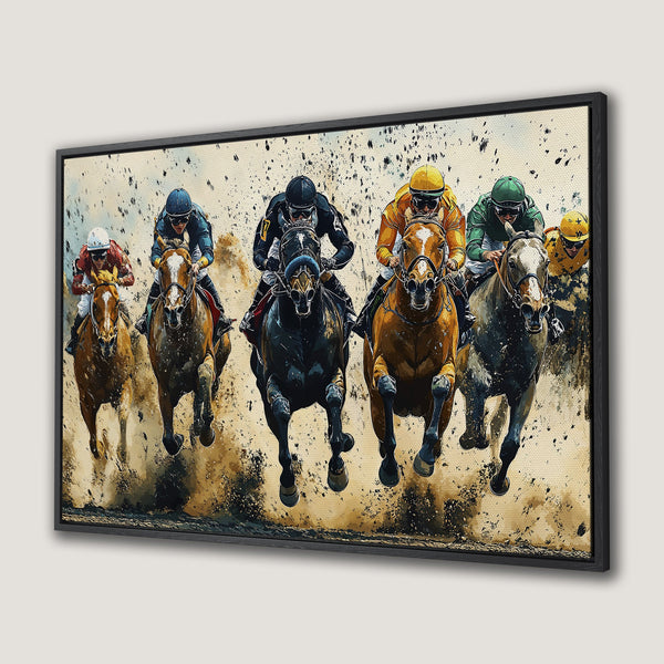 Framed Wall Art: Dynamic horse racing scene in a vibrant, painterly style. Earthy tones with pops of color. Perfect for adding energy to your space.