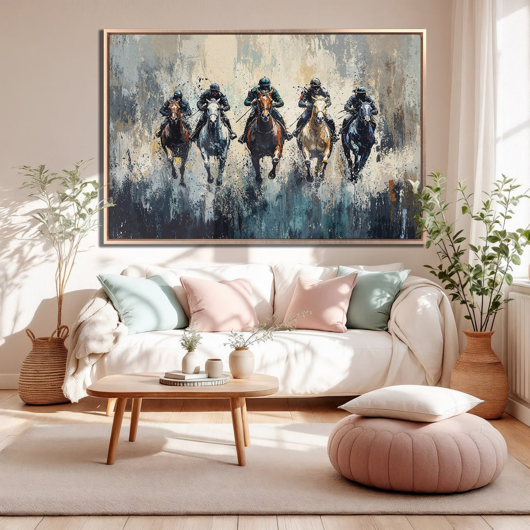 Framed Wall Art: Abstract painting of racehorses in motion, neutral and blue tones, perfect for modern home decor. Elevate your space with this stunning artwork.
