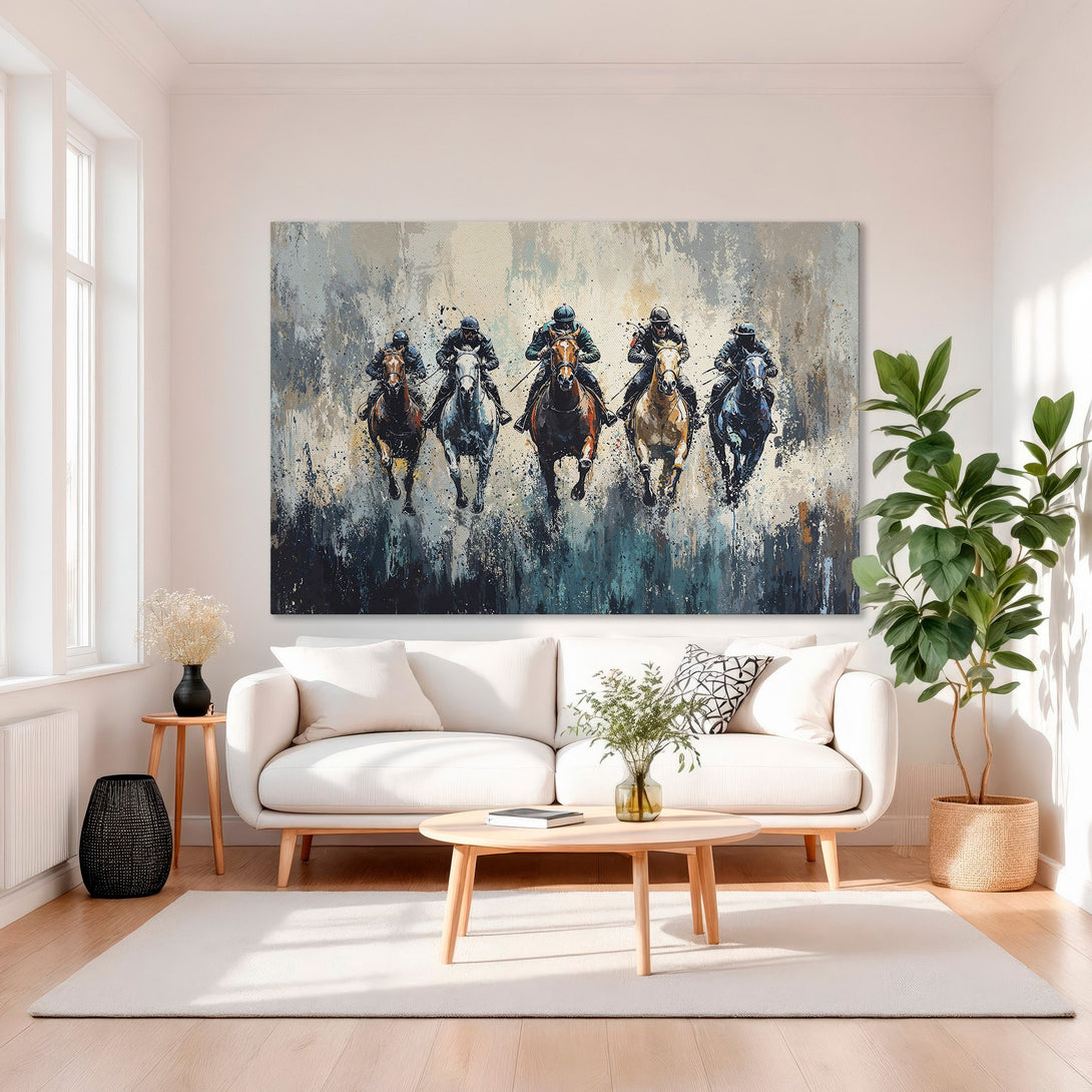 Framed Wall Art: Dynamic horse racing scene in abstract style. Features a blue, gray, and gold color palette. Elevate your decor with this stunning canvas print.