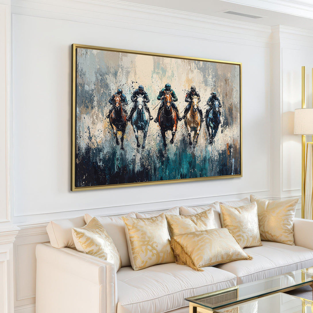 Canvas Print of racing horses in a modern, abstract style with a cool, muted color palette, perfect for living room decor.