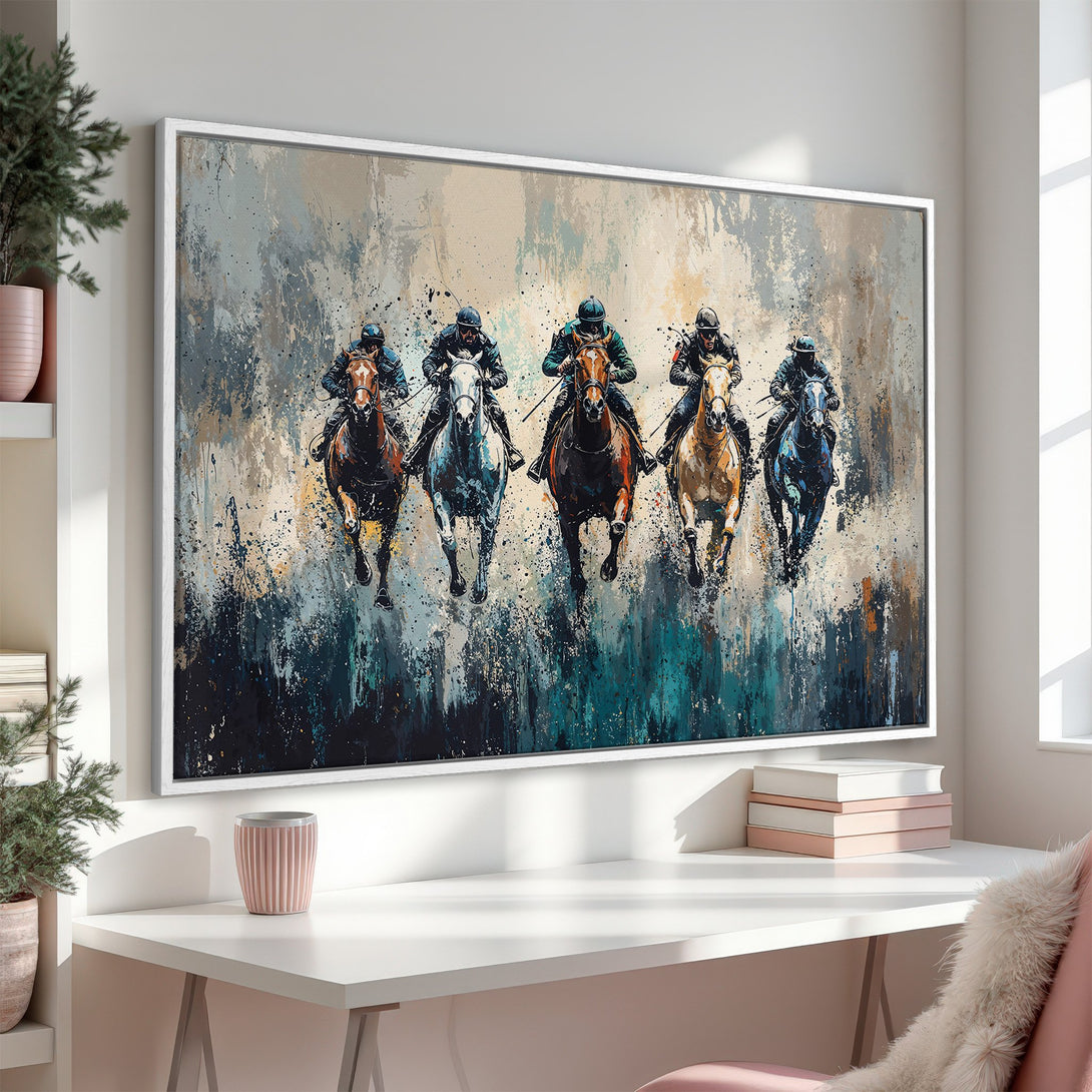 Framed Wall Art: Abstract horse racing scene in cool tones. Modern art canvas print perfect for home decor.