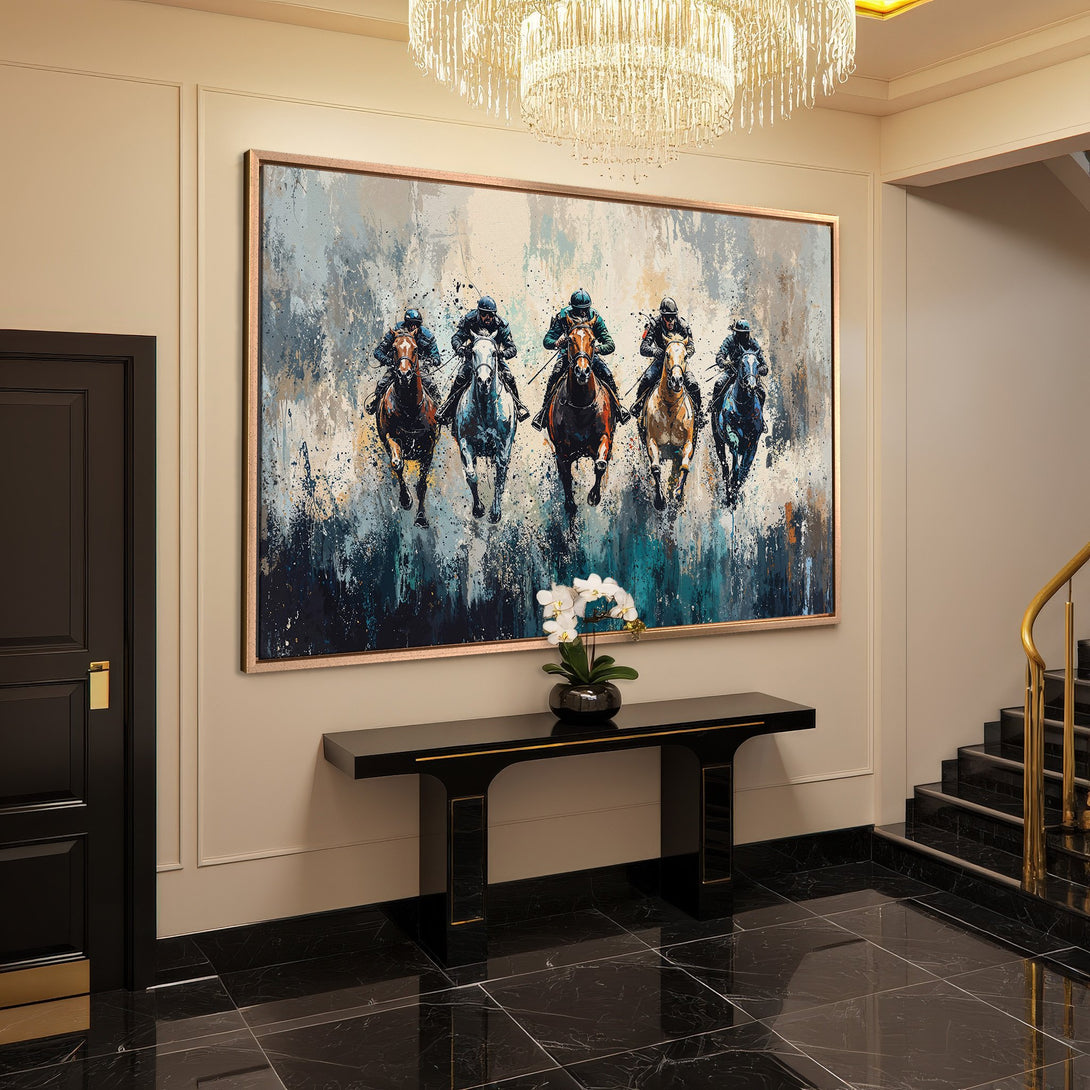 Framed Wall Art: Abstract horse racing scene in blue, gray, and brown tones. Elevate your space with this stunning canvas print!