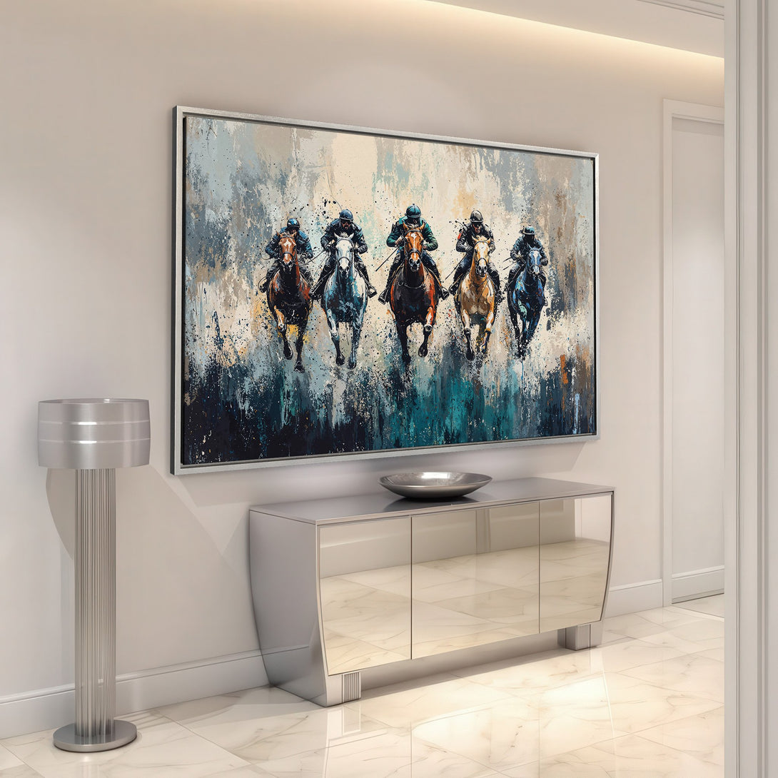 Framed Wall Art: Dynamic horse racing scene in abstract style, featuring a cool blue, brown, and grey palette. Elevate your space with this stunning canvas print!
