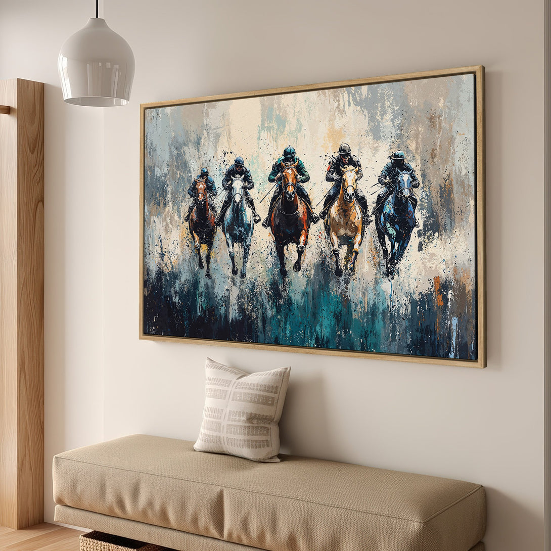 Framed Wall Art: Abstract painting of racehorses in action. Features a modern, impressionistic style with a cool blue and neutral color palette. Perfect home decor.