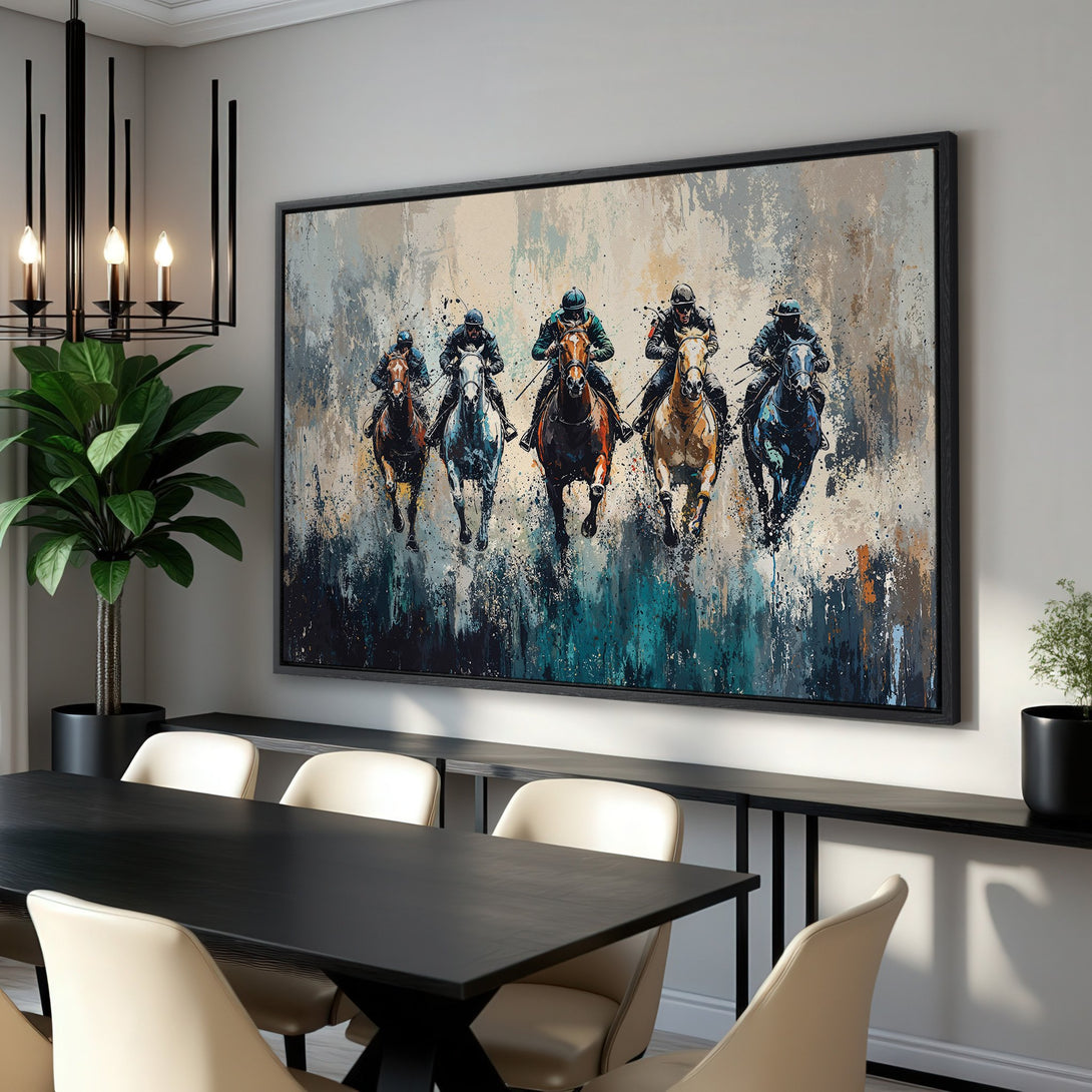 Framed Wall Art: Abstract painting of racehorses in motion. Modern style with a cool blue, brown, and neutral color palette. Perfect for living rooms and dining areas.