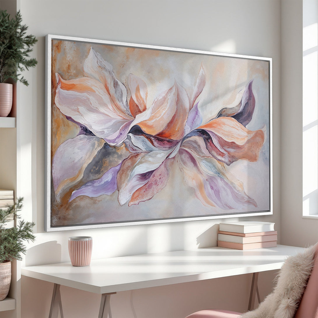 Framed Wall Art featuring an abstract floral painting with warm, pastel colors. Perfect for adding a touch of elegance to any interior design.