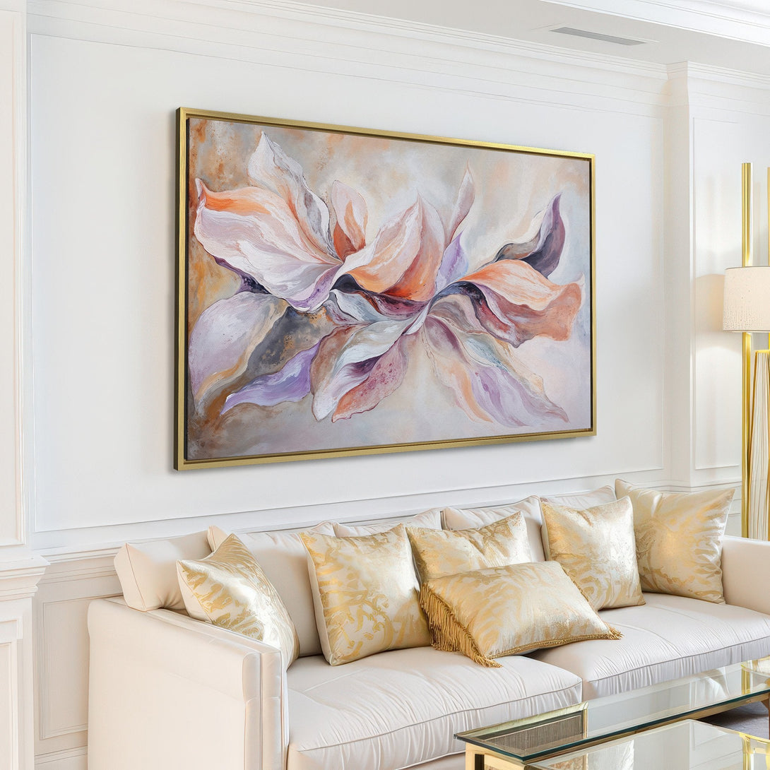 Canvas Print of a large floral abstract painting in neutral tones, perfect for modern living room decor.