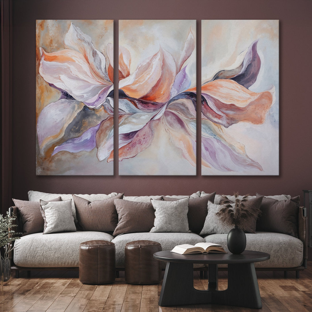 Abstract floral Canvas Print in warm tones of orange, purple, and beige. Modern wall art for living room decor.